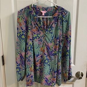 Lilly Pulitzer Elsa Silk Top Aegean blue Pink  Calypso Coast Women’s Size Large